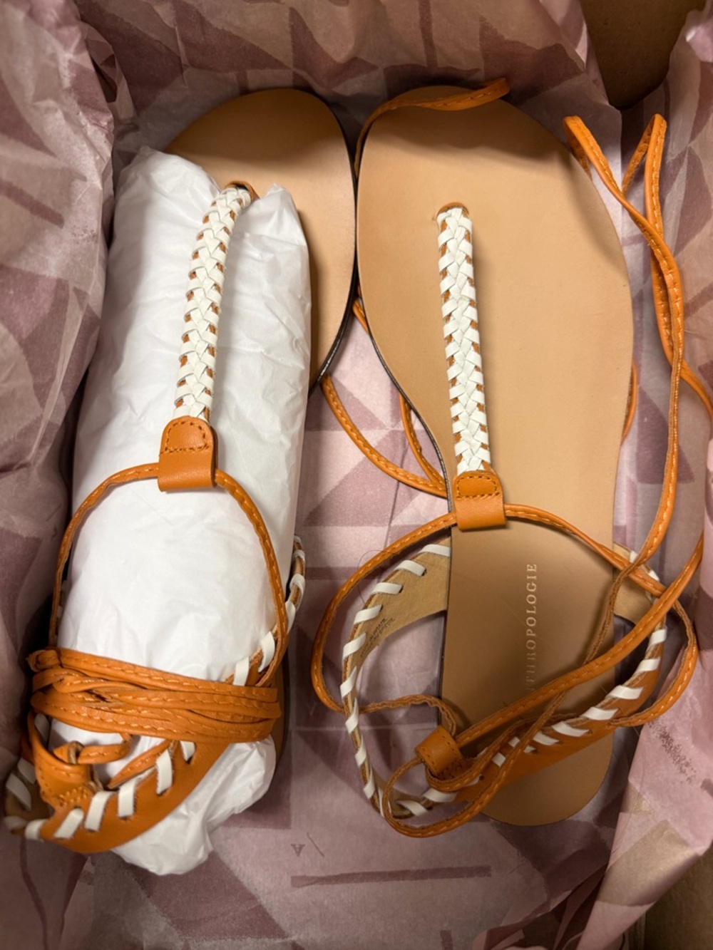 Anthropologie Tan & White Braided Wrap Sandals